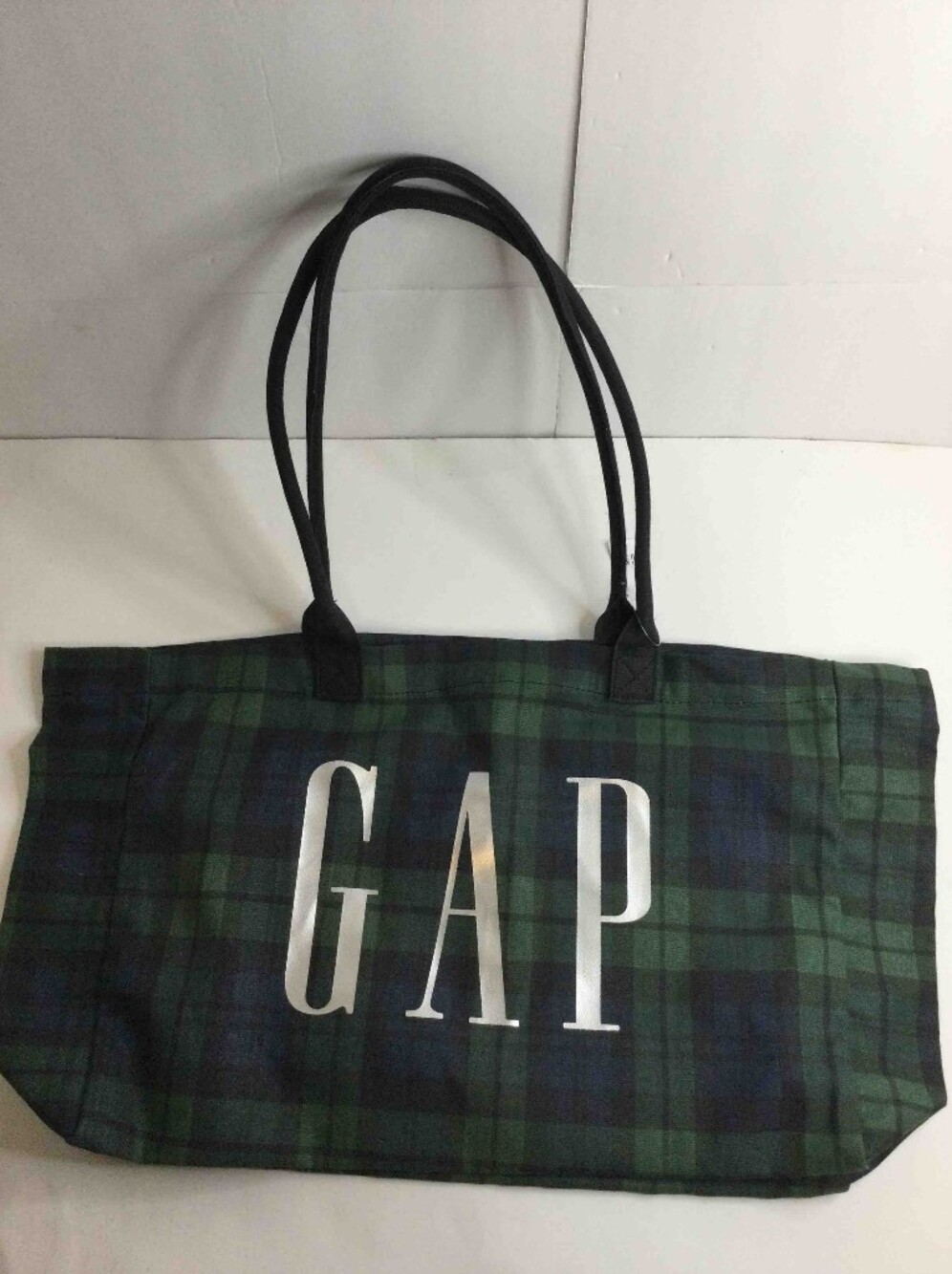 Green and Navy Plaid Tote Bag with Black Handles